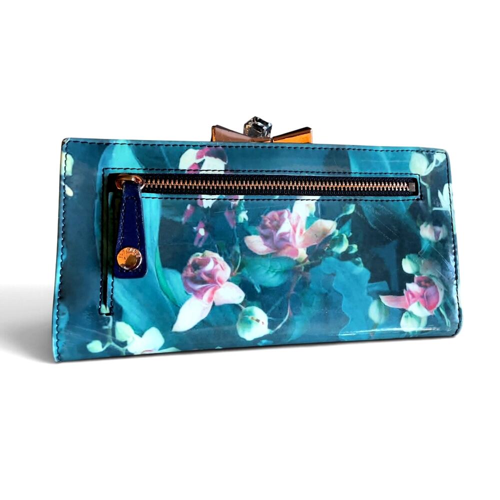 Ted Baker Mawson Shadow Floral Patent Leather Matinee Wallet Teal Crystal Clasp